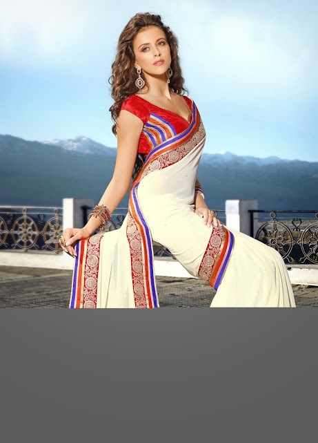 Stone And Border Work Sarees - Georgette And Art Silk, 6.30 Meters, Cream | Resham Embroidery, Stone Embellishments, Unstitched Blouse