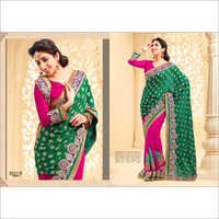 Chiffon Dyed Sarees - Pink And Green, Varied Sizes | Smooth Texture, Unique Embroidery, Alluring Design