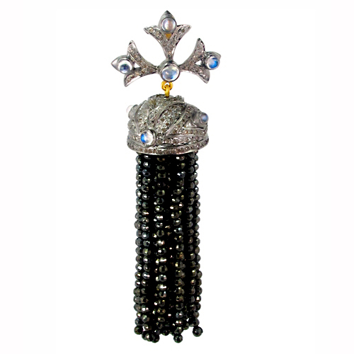 Gemstone Diamond Gold Tassel Pendant - 14k Gold, 86x20mm, Black Spinel | Elegant Design, Unique Style, Diamond 1.48cts
