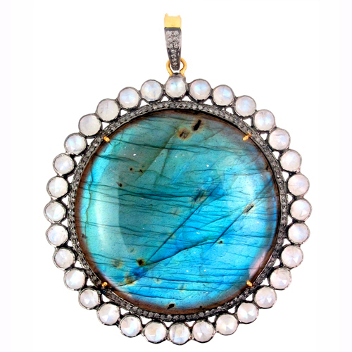 Moonstone Labradorite Diamond Gold Pendant