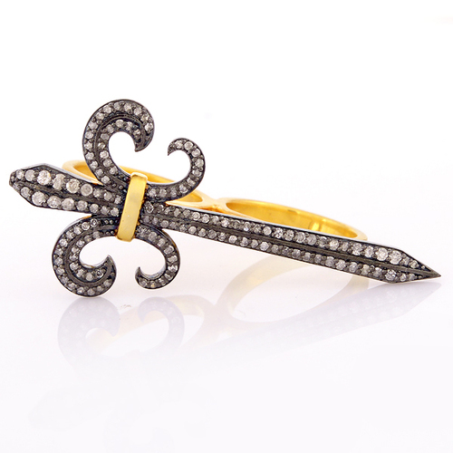 Fluer De Lis Pave Diamond Double Finger Ring Jewelry