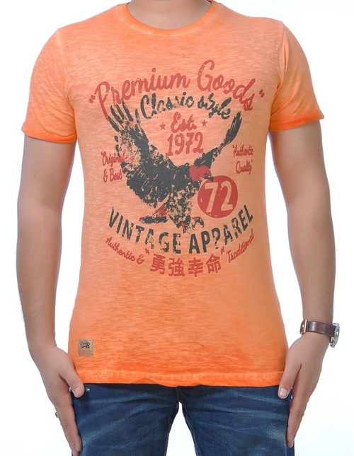 Round Neck T Shirt - Cotton, Multiple Sizes, Orange | Soft Fabric, Printed, Comfortable Fit, Durable Material, Classic Style