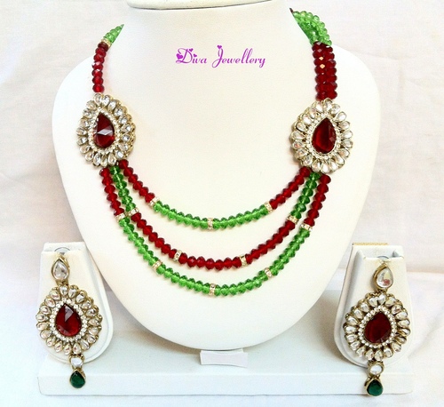 Crystal Red Green 3 line Necklace Set 23