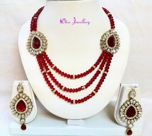 Crystal Red 3 line Necklace Set 24