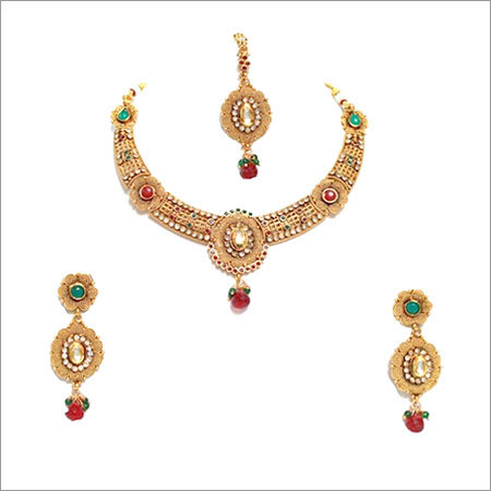 Red Green Kundan Gold Tone Necklace Set 44