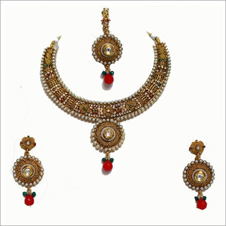 Red Green Pearl Kundan Necklace Set 45