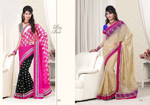 Bridal Saree - Silk Blend, 5.5 Meters, Pink Black Cream Blue | Elegant Design, Intricate Embroidery, Wedding Ready, Customizable Size