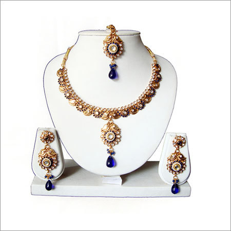Blue Kundan Gold Tone Necklace Set 56 - Alloy, 16 Inches, Blue Kundan Beads | Elegant Drop Earrings, Party Wear