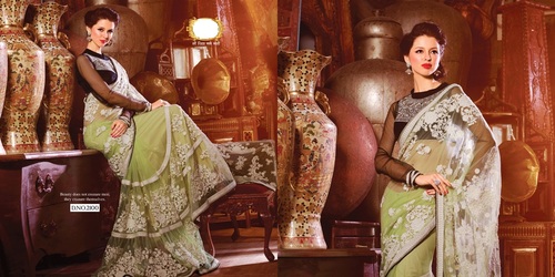 Bridal Saree - Silk Blend, 5.5 Meters, Cream with Black Embroidery, Customizable Size, Wedding Ready