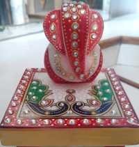 Peacock Chowki Ganesh Ji - Marble & Metal, 5x5x4 Inches, Red | Hand-carved, Vibrant Colors, Immaculate Finish