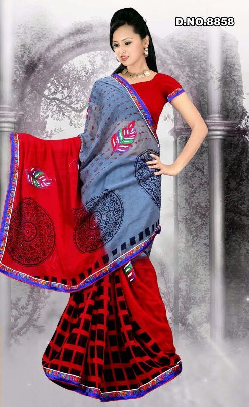 Designer Saree - Silk Blend, 5.5 Meters, Red Black Grey | Embroidered Border, Printed Pattern, Elegant Design