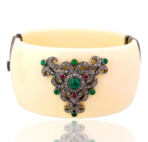 Ruby Emerald Diamond Gold Bangle - 14k Gold, 73x36mm, Ruby/Emerald, 0.9 CTS Diamonds | Elegant Design, Handcrafted Luxury Jewelry