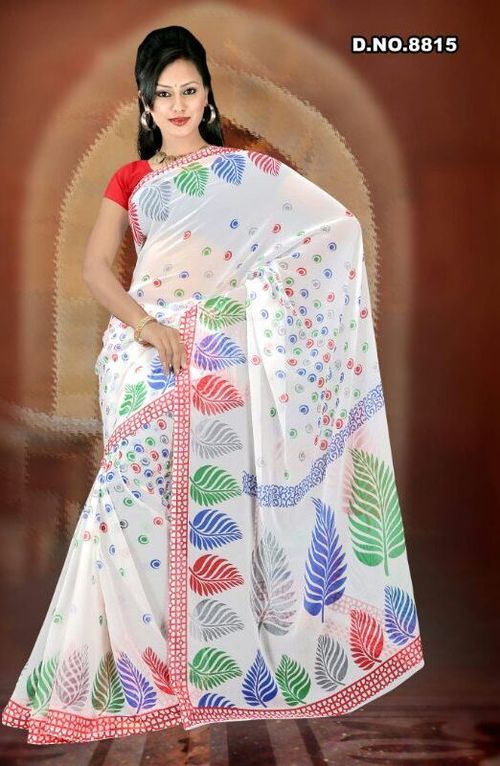 Printed Saree - Cotton, 5.5 Meters, White | Elegant Leaf Print, Soft Fabric, Comfortable Wear