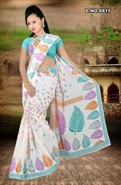 Printed Saree - Cotton, 5.5 Meters, White | Elegant Design, Soft Fabric, Vibrant Digital Prints, Comfortable Wear, Stylish Look