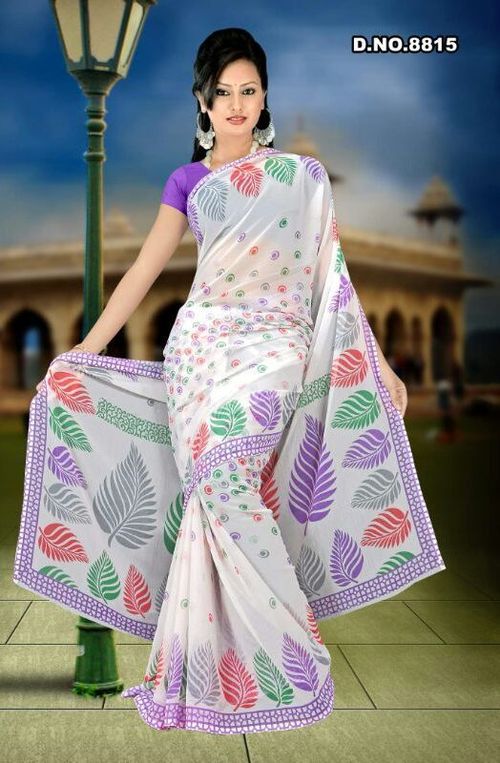 Printed Saree - Cotton, 5.5 Meters x 1.1 Meters, White | Elegant Design, Leaf Print, Comfortable Fit