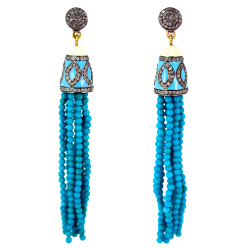 Turquoise Diamond Gold Tassel Earrings