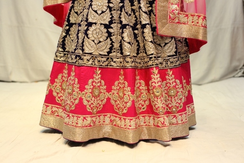 Lehenga - Velvet, Floor Length, Black | Elegant Design, Intricate Gold Thread Embroidery, Soft Lining, Elasticated Waist, Customizable Size