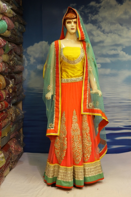 Lehenga - Silk Blend, 54 Inches, Orange | Gold Thread Embroidery, Elegant Design, Comfortable Fit