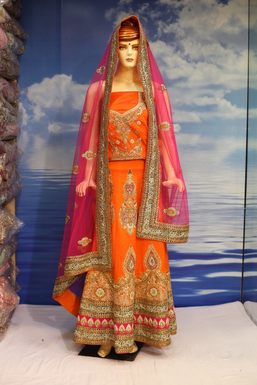 Lehenga - Silk Blend, 54 Inches, Orange | Handcrafted Embroidery, Elegant Design, Adjustable Waist