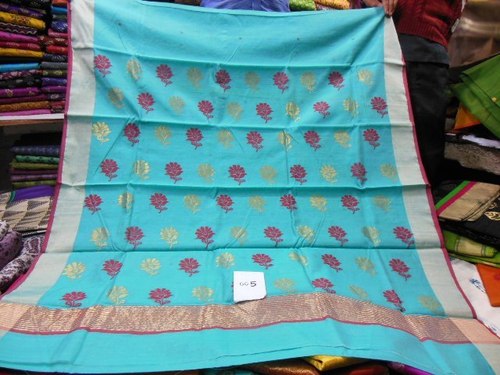 Chanderi Silk Zari Sarees - 5.5 Meters, Light Blue, Handloom Weave, Intricate Zari Work