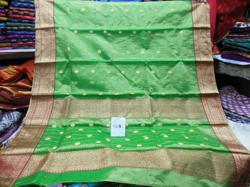 Chanderi Silk Zari Sarees - 5.5 Meters, Light Green Silk | Handloom, Handcrafted, Intricate Zari Work