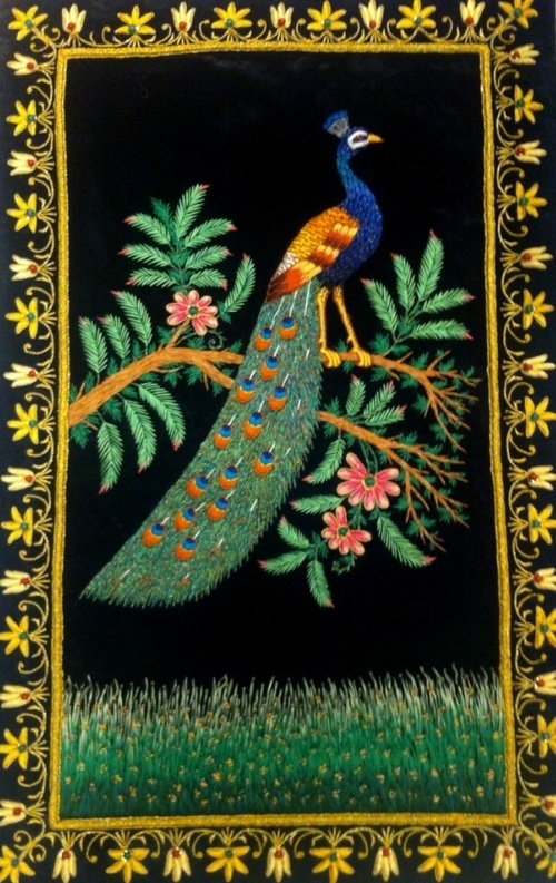 Peacock - Silk Velvet, Variable Size, Blue | Hand Painted Zari Stonework Wall Hanging, Gold Border Frame