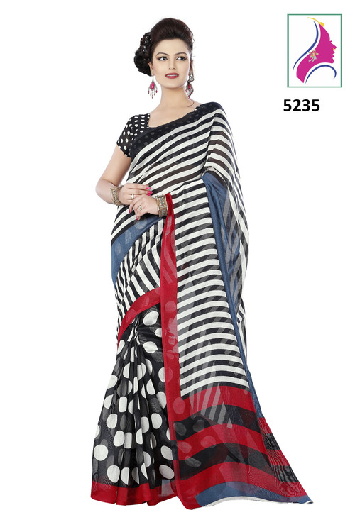 Riti Riwaz-5235 Black+White Groovy Silk Jute Saree