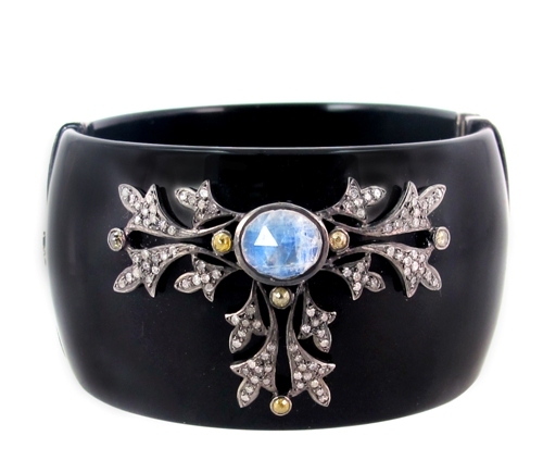 Bakelite Moonstone Diamond Gold Bangle - 72x35/58 mm, 14k Gold, Bakelite, Silver, Diamond, Moonstone, Elegant Design