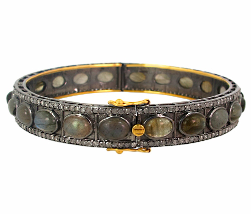 Labradorite Diamond Gold Bangle - 14k Gold, 65x10/57 mm, Gold Color | Elegant Design, Luxury Stones, Durable Jewelry