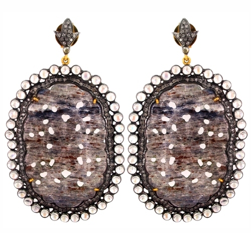Carving Moonstone Diamond Gold Earrings - 14k Gold, 74x42 mm, Grey Moonstone, 1.53cts Diamond, Elegant Design