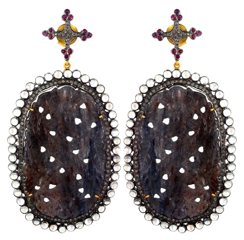 Ruby Moonstone Diamond Gold Earrings