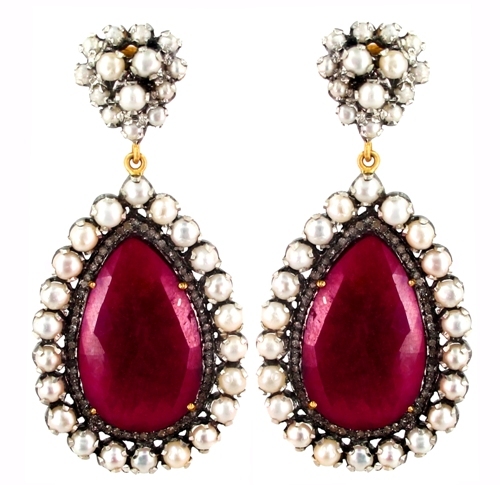 Pearl Ruby Diamond Gold Earrings