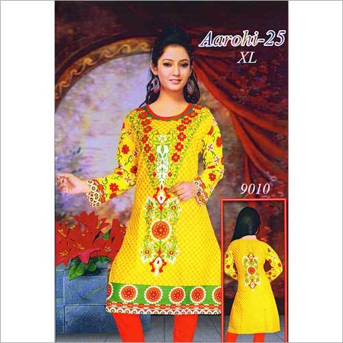 Kurti - Cotton, Size 40 L, Yellow | Designer Printed, Round Neck, Long Sleeves, Comfortable Fit