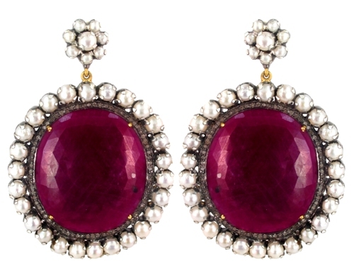 Pearl Ruby Diamond Gold Earrings