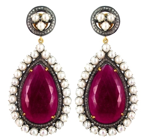 Pearl Ruby Diamond Gold Earrings