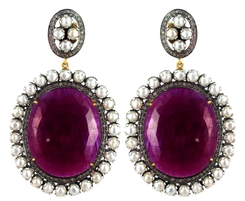 Pearl Ruby Diamond Gold Earrings