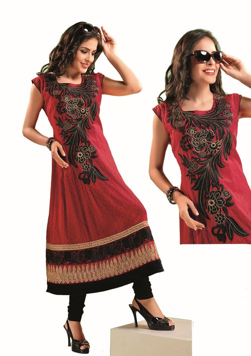ISHIN Cotton Jacquard Red kurti