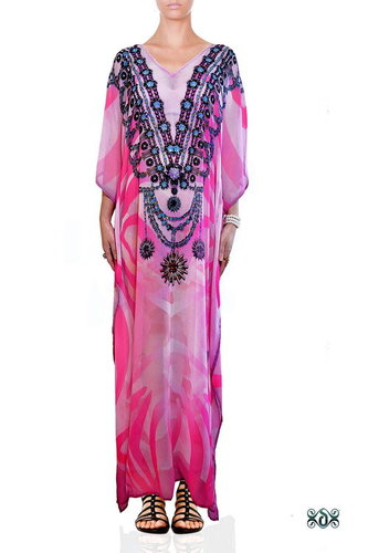 Pink Digital Print Long Embellished Maxi Kaftan