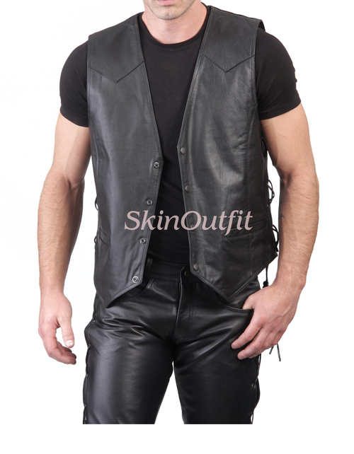 Mens Black Leather Waistcoat