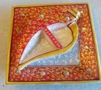 Ganesh Shankh Diya Tray - Marble, 5x5 Inches, Red Gold White | Hand-carved, Fine Engraving, Glossy Finish