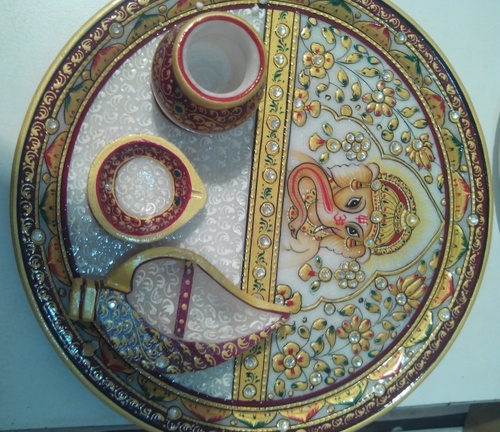Fancy Pooja Thali - Polished Marble, 12 Inch, Multicolor | Shiny Surface, Intricate Design, Durable, Elegant