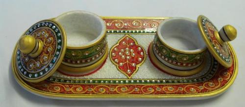 Two Bowl With Tray - Marble, 10x5x2 Inches, Off-White | Hand Painted, Lidded Containers, Elegant Design