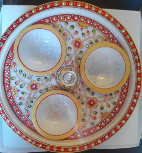 Revolving Dry Fruit Tray - Marble, 12 Inch Diameter, White | Polished Finish, Three Compartments, Revolving Base, Intricate Design