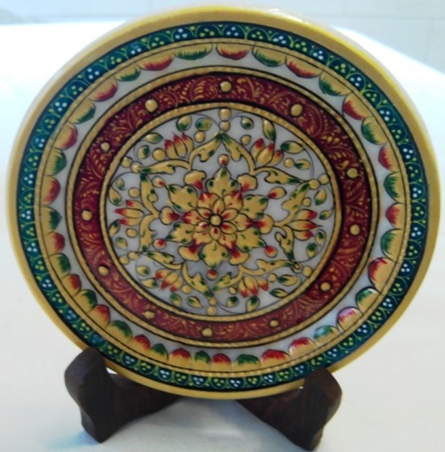 Designer Plate - Marble Material, Multicolor Floral Design, Wooden Stand | Hand Carved, Hand Painted, Durable, Elegant Gift
