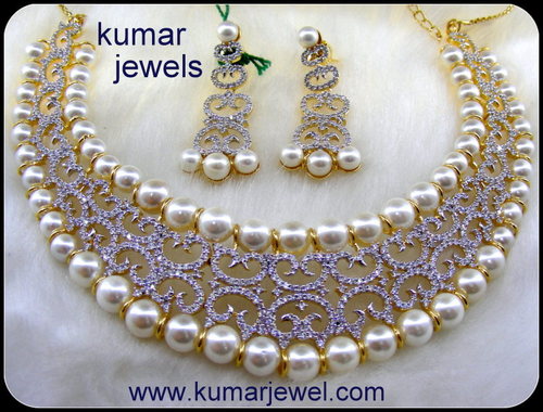 Designer Beaded Necklace - Silver Alloy, 16-18 Inch, 22kt Gold Plated | Cubic Zircon, Freshwater Pearls, Drop Earrings, Elegant Design