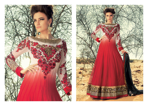 Fancy Designer Collection On Pure Georgette - Pure Georgette, Floor-Length, Red | Embroidery, Boat Neck, Long Sleeves, Elegant Design, Comfortable Fit