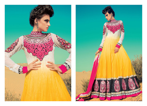 Long Gown Style Designer Dresses For Ladies - Silk Blend, 54 Inches, Yellow | Embroidered, Elegant Design, Comfortable Fit, Perfect Drape, Unique Style