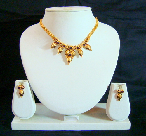 Gold Plated Purple Necklace Set 229 - Gold Plated, 16-18 Inches, Purple Beads | Elegant Design, Stud Earrings, Formal Wear