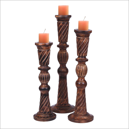 Handcrafted Set Of 3 Wooden Tea Light Candle Pillar Holders Country Chic
