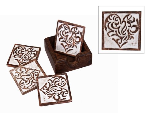 White Distress Finish Wooden Coasters Hand Carved Heart